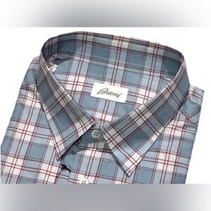 $795 NEW BRIONI DRESS SHIRT 17.5 44 XXL LIGHT BLUE DARK RED PLAID
